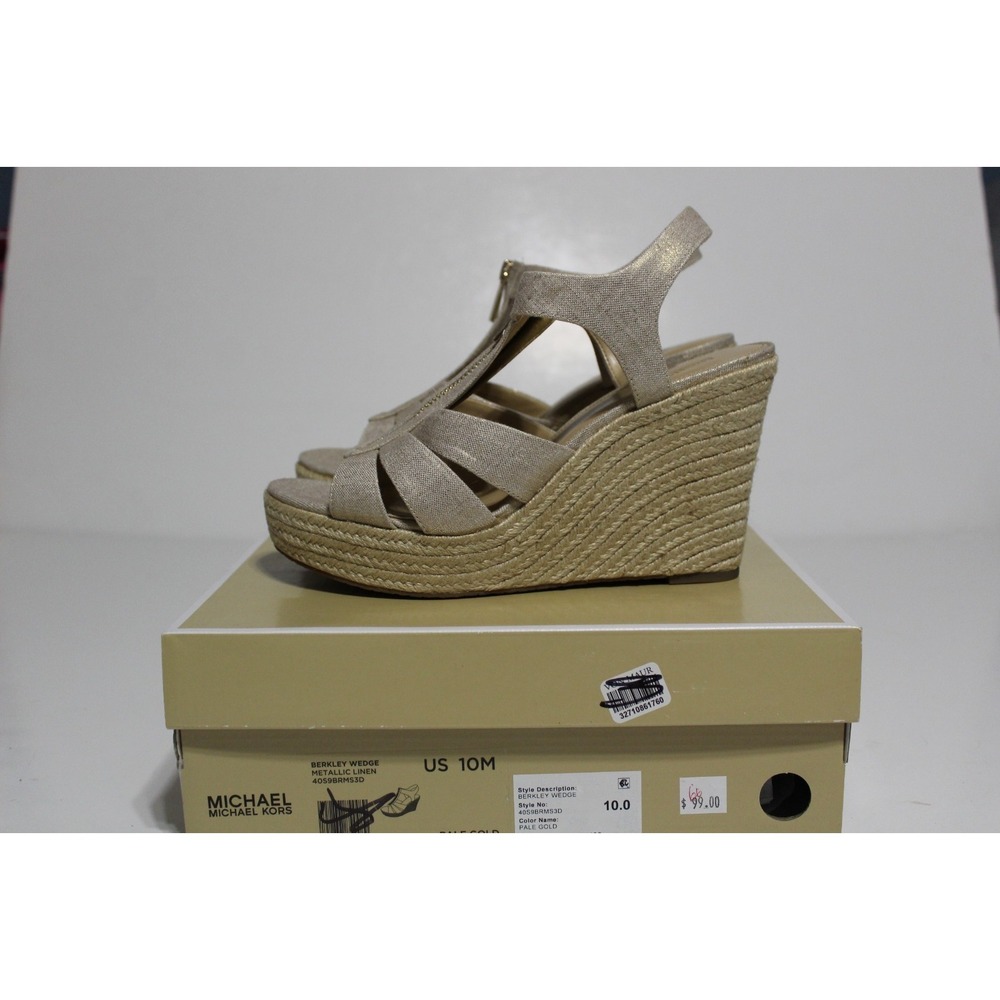 Michael Kors Berkley‎ Womens 10 M Espadrille Pale Gold Front Zip Wedge Sandal